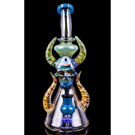 Twin Horned Skull Bong - 12\" Showerhead Rig - Tattoo Glass Aqua New