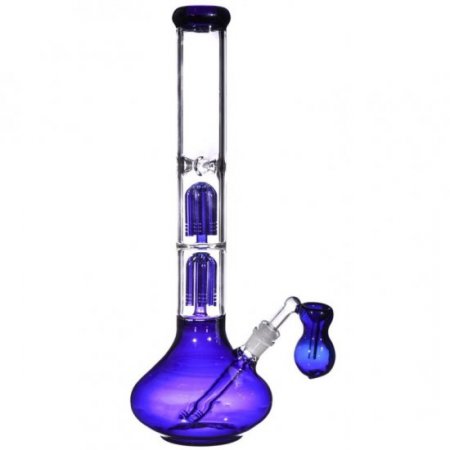 17" Double Tree Perc with Angled Ash catcher Beaker Bottom Bong - Blue New