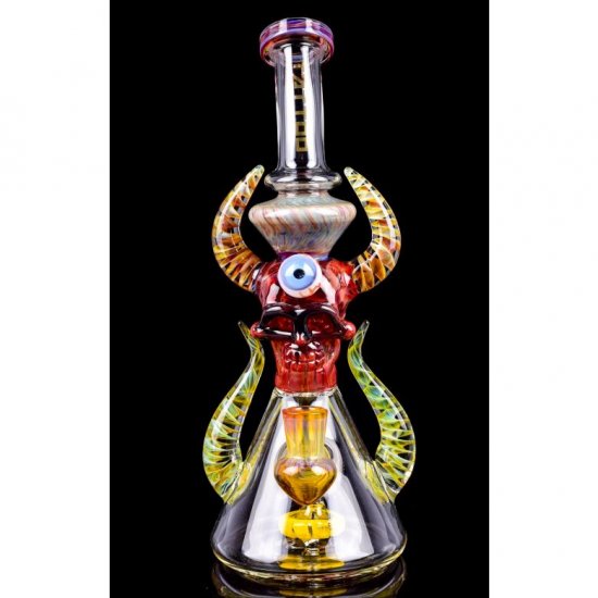 Twin Horned Skull Bong - 12\" Showerhead Rig - Tattoo Glass Red New