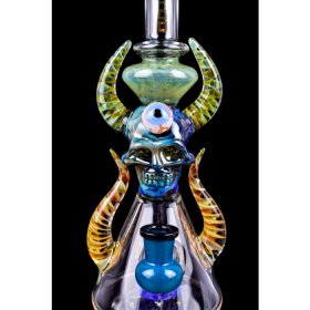 Twin Horned Skull Bong - 12" Showerhead Rig - Tattoo Glass Aqua New