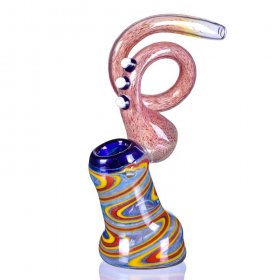 8" Rainbow Swirl Twisted Wig Wag Bubbler - White Beads - Golden Fumed New