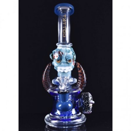 Twin Horned Skull Bong - 10" Showerhead Rig - Tattoo Glass New