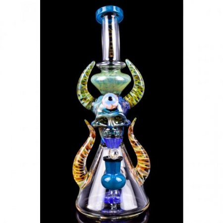 Twin Horned Skull Bong - 12" Showerhead Rig - Tattoo Glass Aqua New