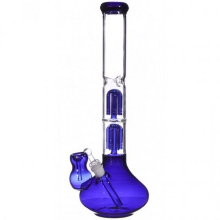 17" Double Tree Perc with Angled Ash catcher Beaker Bottom Bong - Blue New