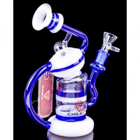 Top Thrill Dragster1.0 - ChillGlass - Ancient 2-Arm Recycler Inline Perc Bong - Blue/White New