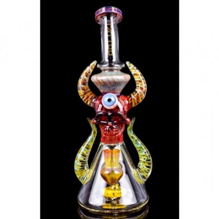 Twin Horned Skull Bong - 12" Showerhead Rig - Tattoo Glass Red New