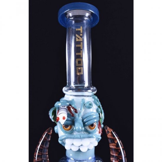 Twin Horned Skull Bong - 10\" Showerhead Rig - Tattoo Glass New